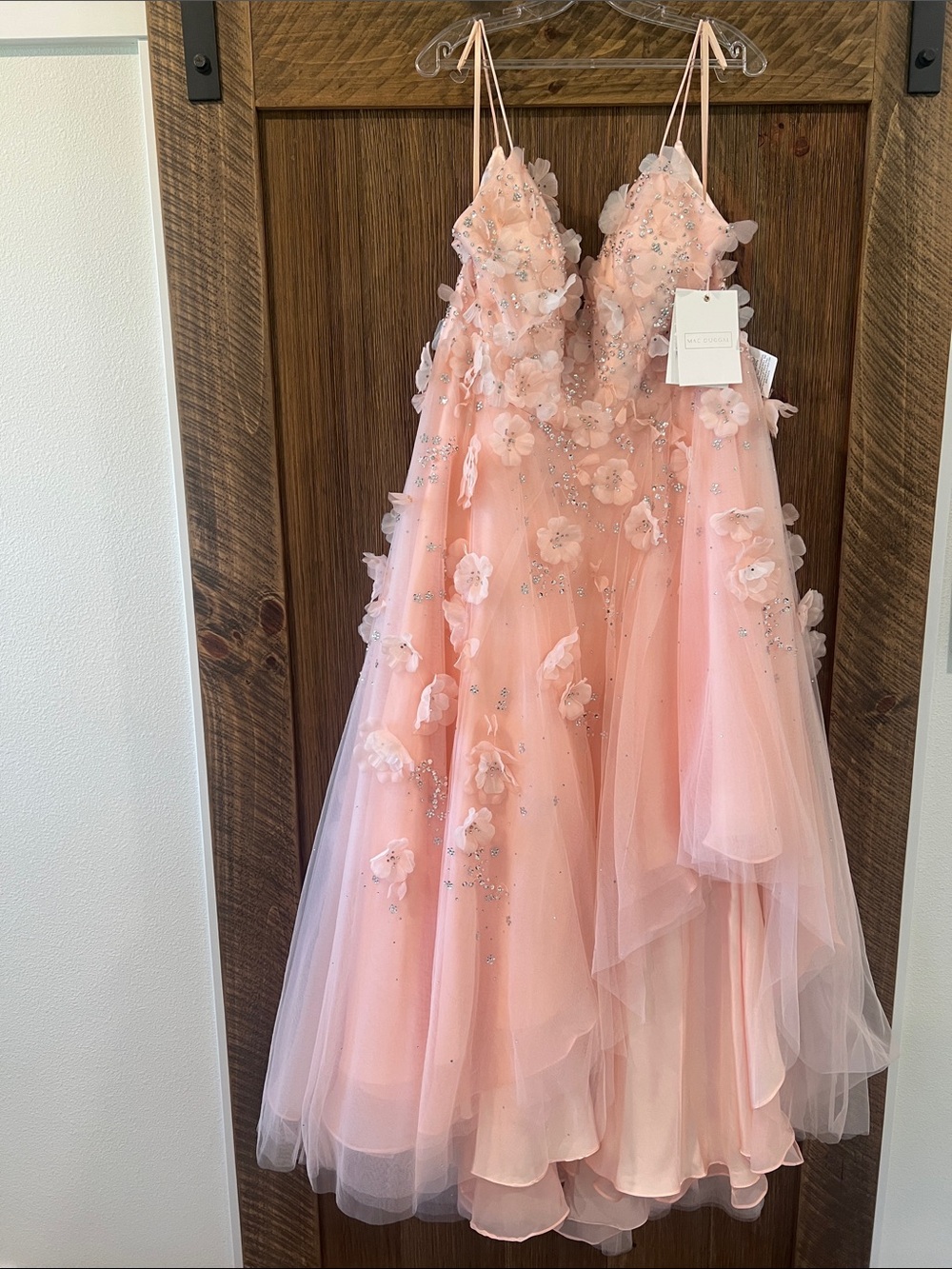 Mac Duggal Peach Pink 3D Floral High-Low Tulle Dress